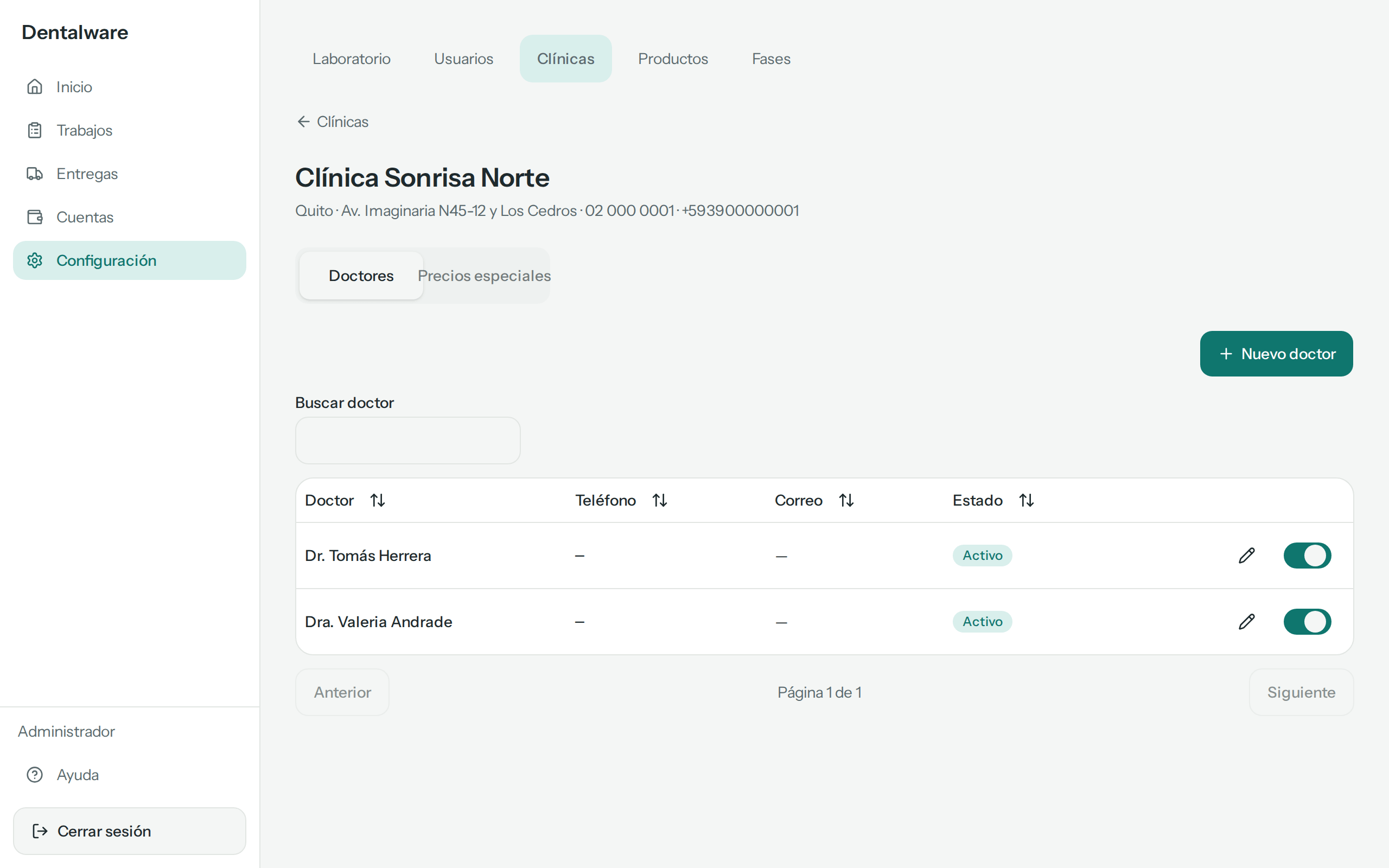 Ficha de Clínica Sonrisa Norte: Quito, la dirección, el teléfono y el WhatsApp, la pestaña Doctores con Dr. Tomás Herrera y Dra. Valeria Andrade activos, y el botón Nuevo doctor