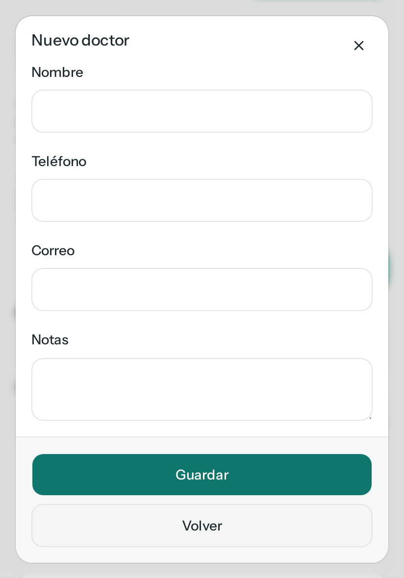 Diálogo Nuevo doctor vacío con Nombre, Teléfono, Correo y Notas, y los botones Volver y Guardar (en el teléfono)