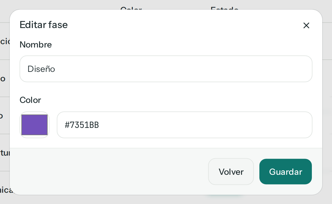 Diálogo Editar fase de Diseño, con el nombre, el cuadro de color y el código #7351BB, y los botones Volver y Guardar