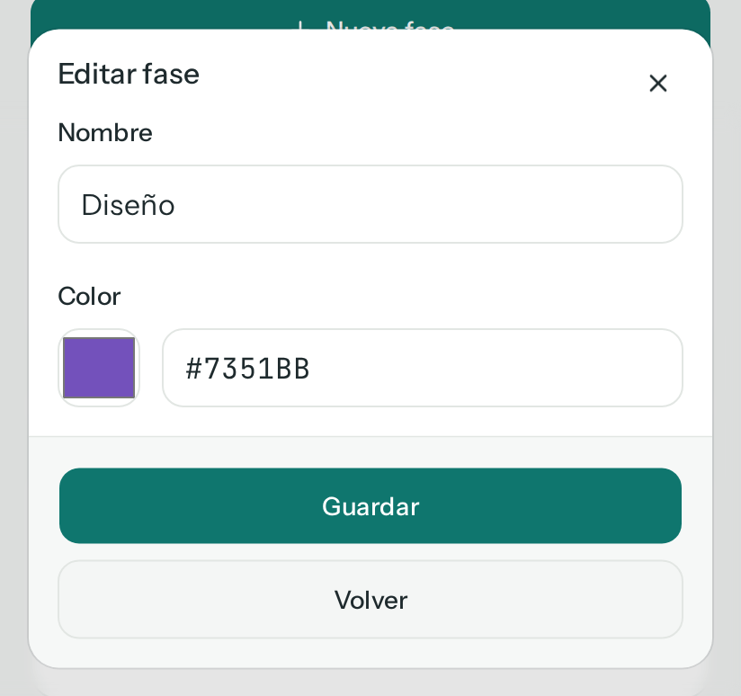 Diálogo Editar fase de Diseño, con el nombre, el cuadro de color y el código #7351BB, y los botones Volver y Guardar (en el teléfono)