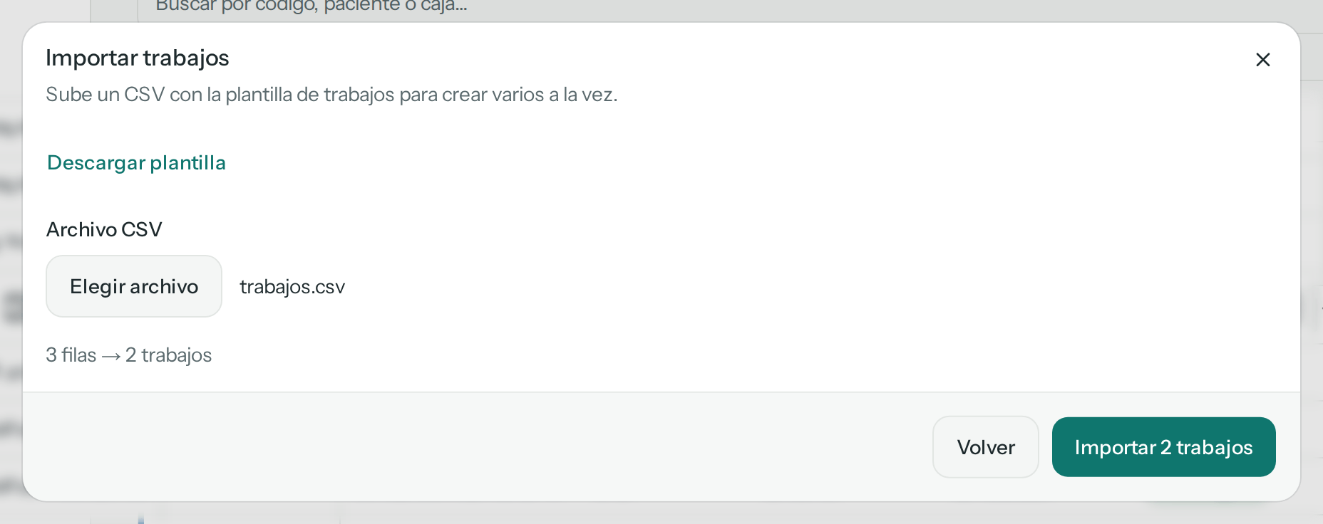Importar trabajos con trabajos.csv validado sin errores: 3 filas → 2 trabajos, y los botones Volver e Importar 2 trabajos