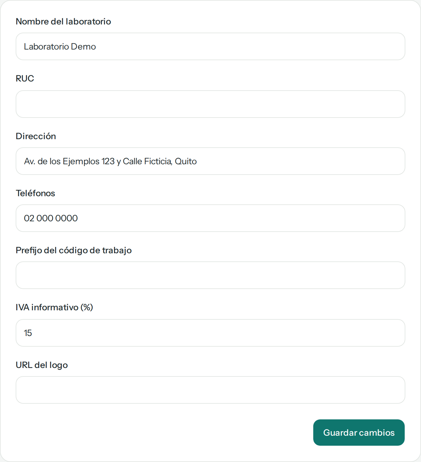 Formulario Laboratorio con el nombre Laboratorio Demo, el RUC vacío, la dirección, el teléfono 02 000 0000, el prefijo vacío, IVA informativo 15, la URL del logo vacía y el botón Guardar cambios