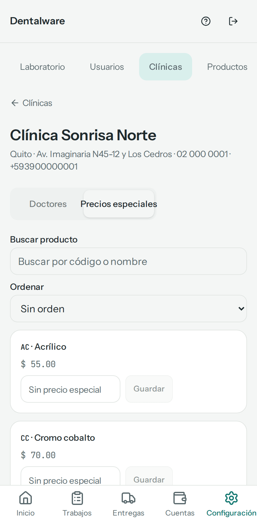 Precios especiales de Clínica Sonrisa Norte: Metal porcelana a 85.00 y Zirconio a 95.00, con Guardar y Quitar; el resto vacío, con «Sin precio especial» (en el teléfono)