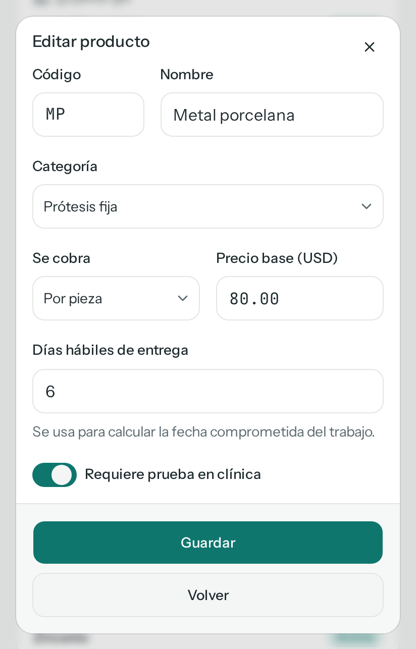 Diálogo Editar producto de Metal porcelana: código MP, categoría Prótesis fija, se cobra Por pieza, precio base 80.00, 6 días hábiles de entrega, Requiere prueba en clínica encendido, y los botones Volver y Guardar (en el teléfono)