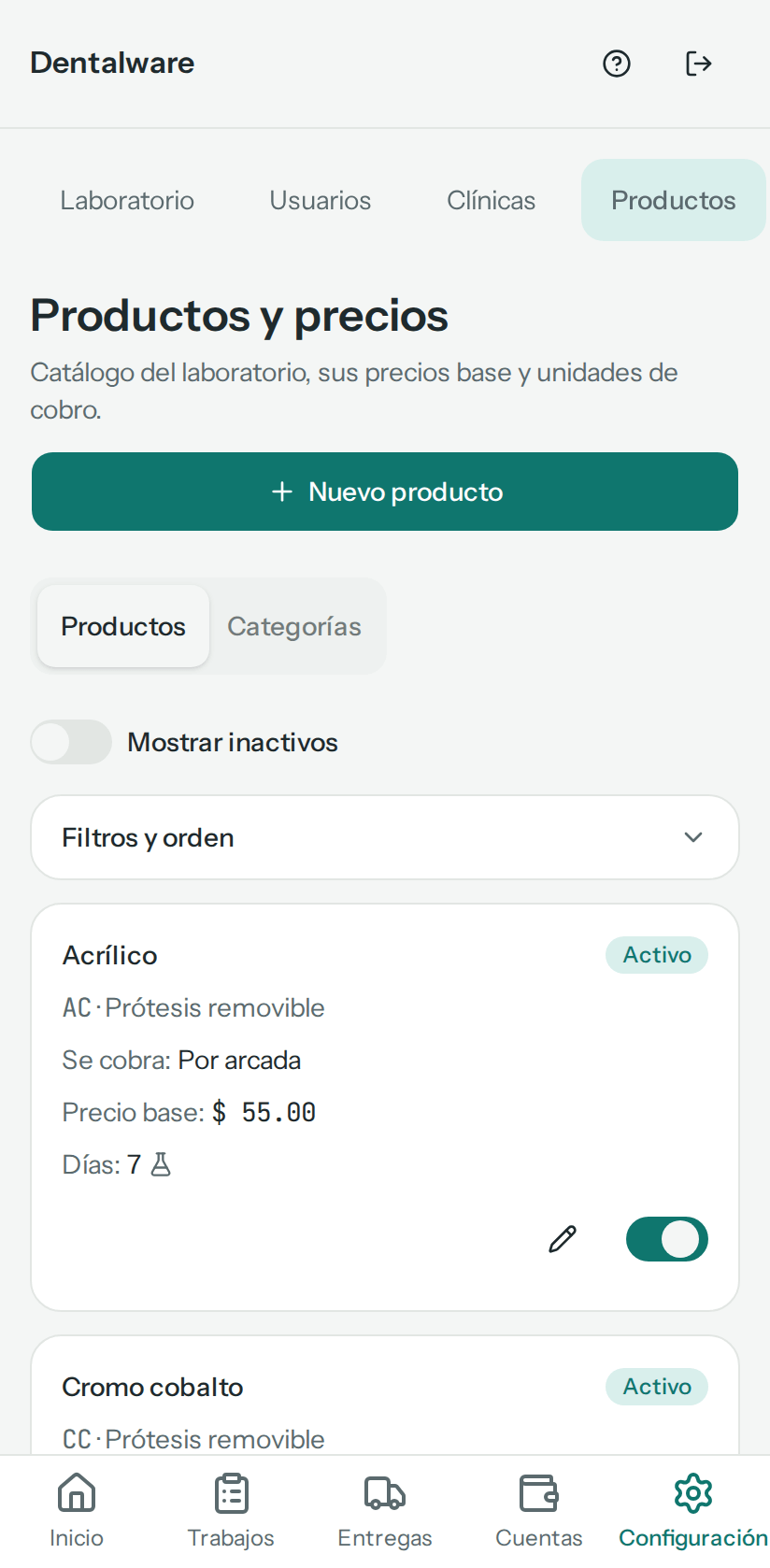 La lista de productos, empezando por Acrílico y Cromo cobalto, cada uno con su código, su categoría, cómo se cobra, su precio base, sus días y Activo (en el teléfono)