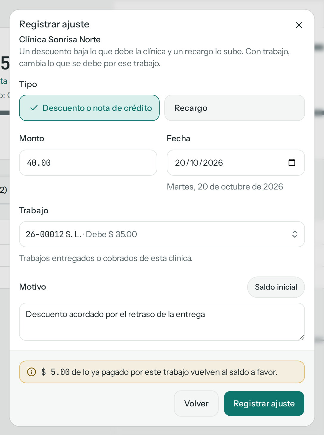Diálogo Registrar ajuste de Clínica Sonrisa Norte: descuento de $ 40.00 con fecha 20/10/2026 al trabajo 26-00012 S. L., que debe $ 35.00, y al pie el aviso «$ 5.00 de lo ya pagado por este trabajo vuelven al saldo a favor.»