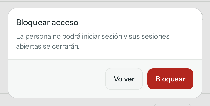 Diálogo Bloquear acceso: la persona no podrá iniciar sesión y sus sesiones abiertas se cerrarán, con los botones Volver y Bloquear