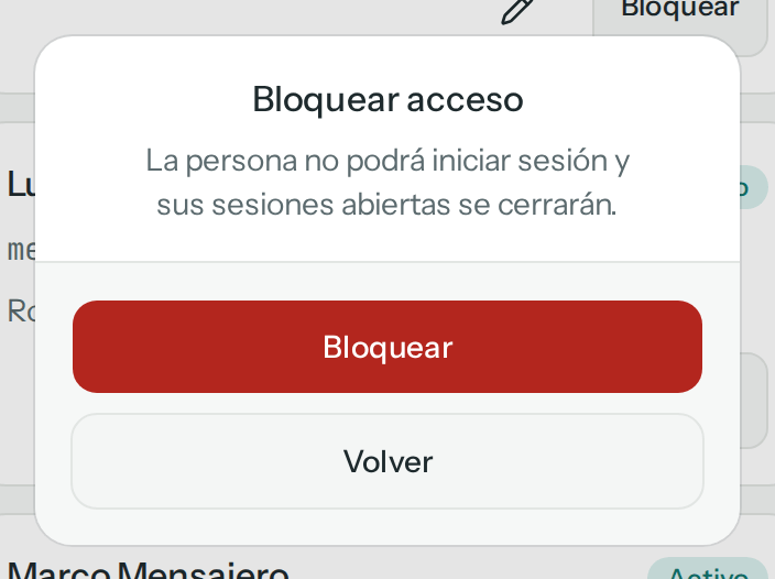 Diálogo Bloquear acceso: la persona no podrá iniciar sesión y sus sesiones abiertas se cerrarán, con los botones Volver y Bloquear (en el teléfono)