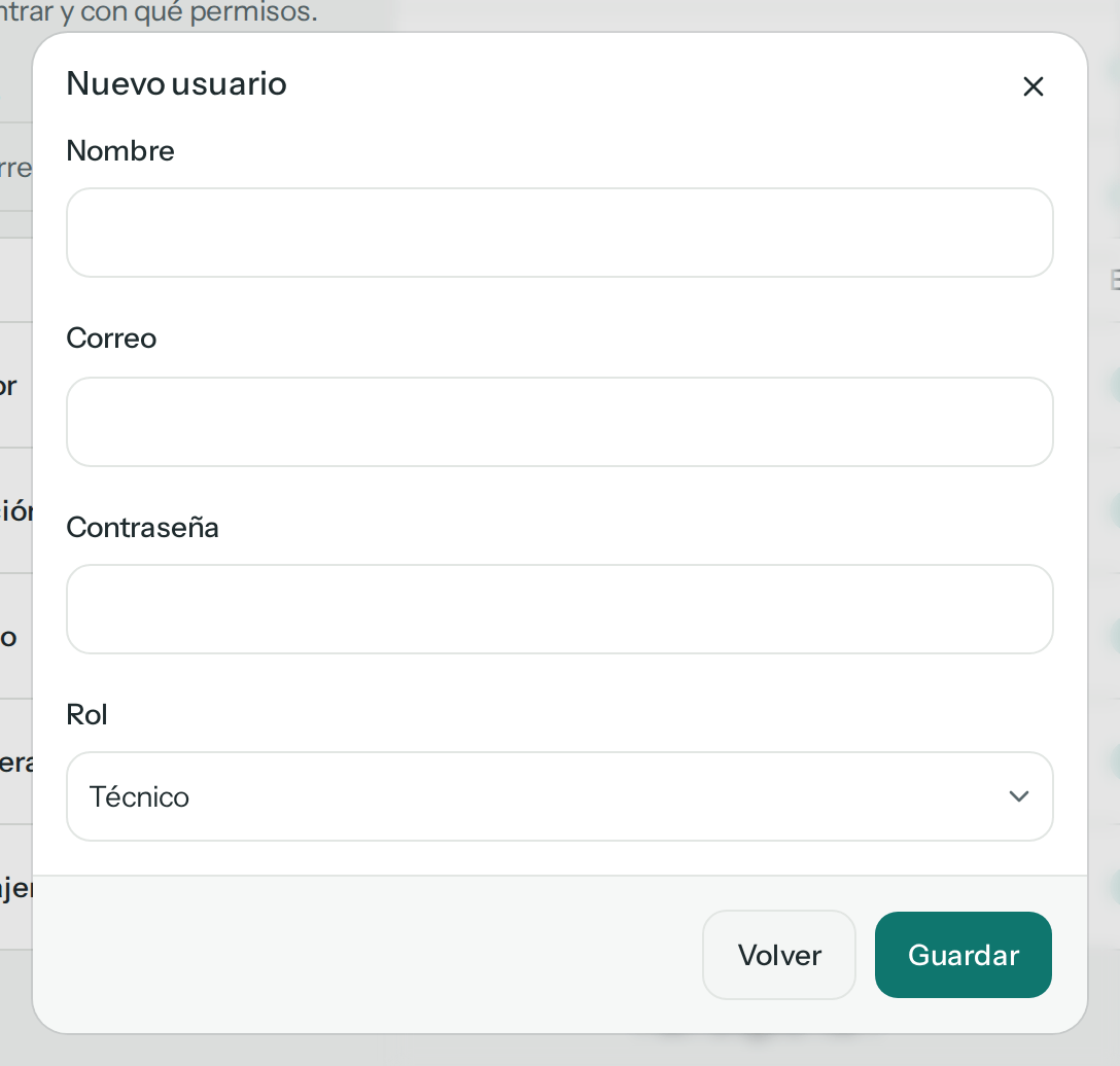Diálogo Nuevo usuario vacío con Nombre, Correo, Contraseña y Rol (Técnico por omisión), y los botones Volver y Guardar