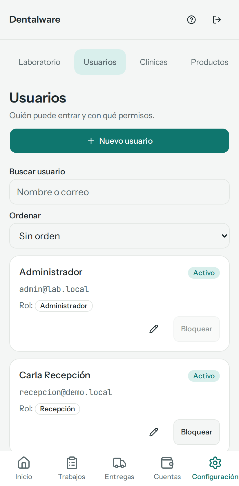 Lista Usuarios con Administrador, Carla Recepción, Diego Técnico, Lucía Mensajera y Marco Mensajero, cada uno con su correo, su rol, Activo, el lápiz y Bloquear (en el teléfono)