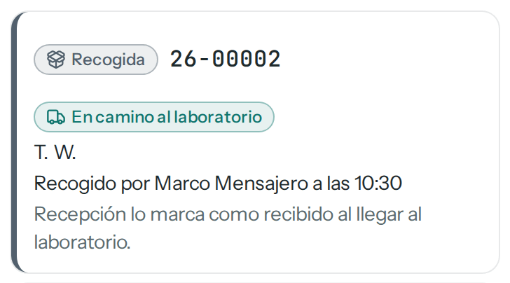 Tarjeta de la recogida de T. W.: En camino al laboratorio, recogido por Marco Mensajero a las 10:30; recepción lo marca como recibido al llegar al laboratorio