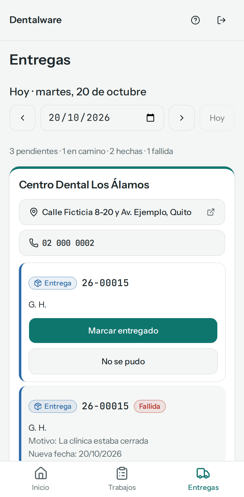 Entregas de hoy: el resumen del día y las paradas, empezando por Centro Dental Los Álamos (en el teléfono)