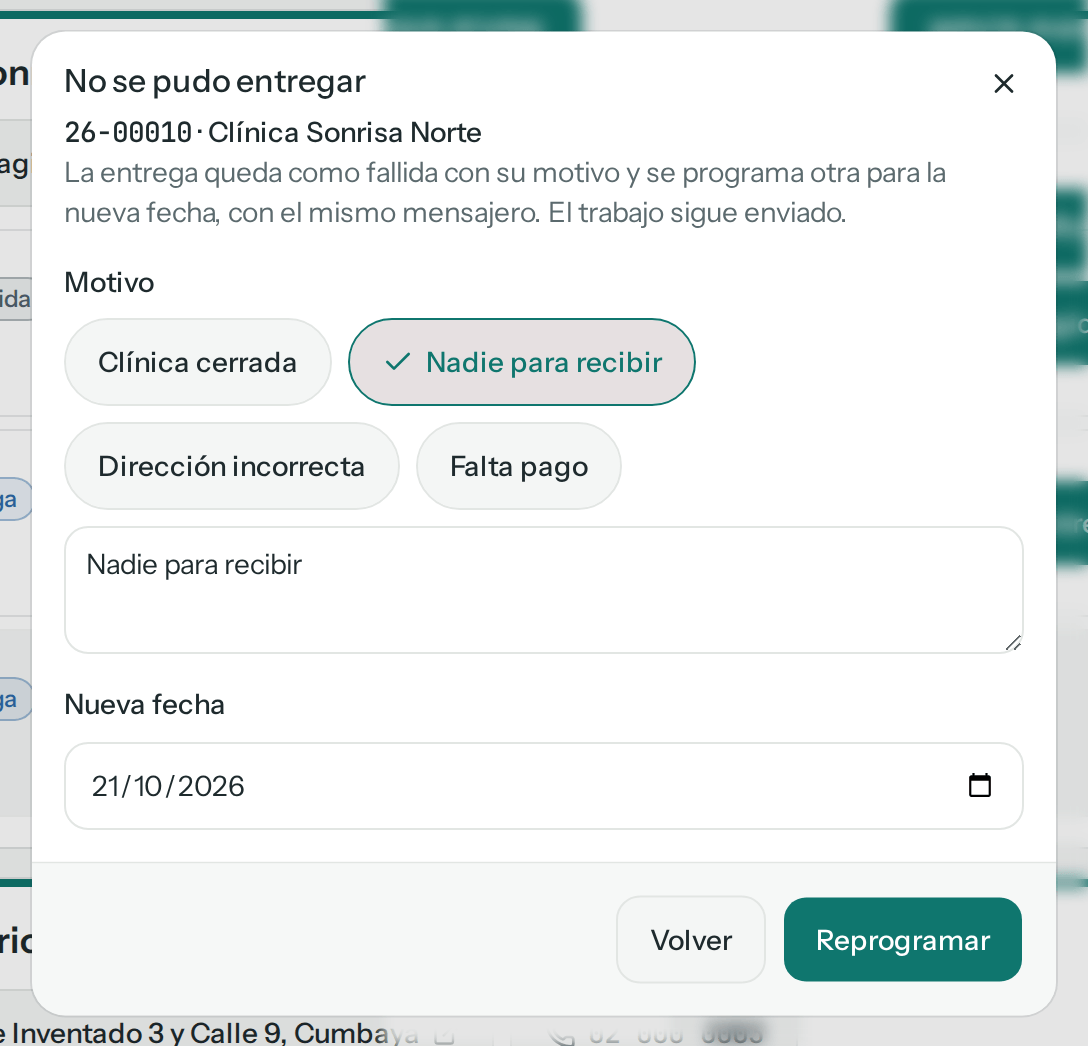 Diálogo No se pudo entregar de 26-00010 en Clínica Sonrisa Norte: motivo Nadie para recibir elegido, nueva fecha 21/10/2026 y los botones Reprogramar y Volver