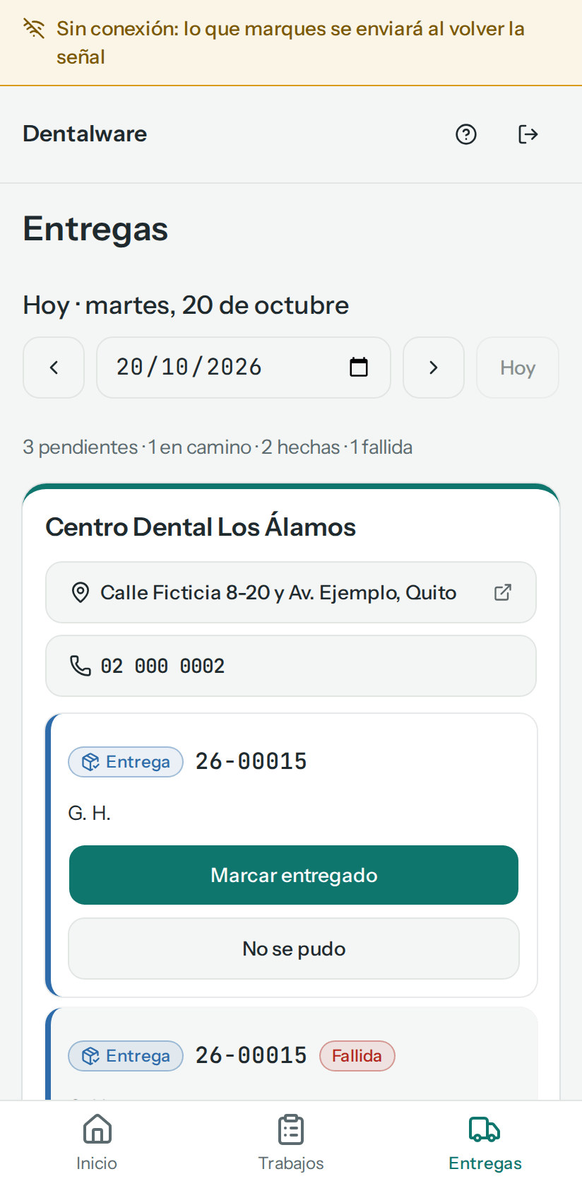 Pantalla Entregas sin conexión: arriba, el aviso Sin conexión: lo que marques se enviará al volver la señal
