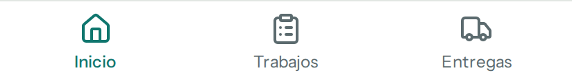 Barra de abajo del mensajero en el teléfono: Inicio, Trabajos y Entregas