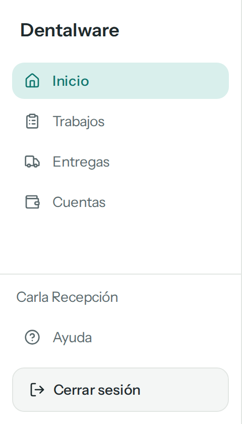 Menú de recepción en la computadora: Inicio, Trabajos, Entregas y Cuentas, y al pie Carla Recepción, Ayuda y Cerrar sesión