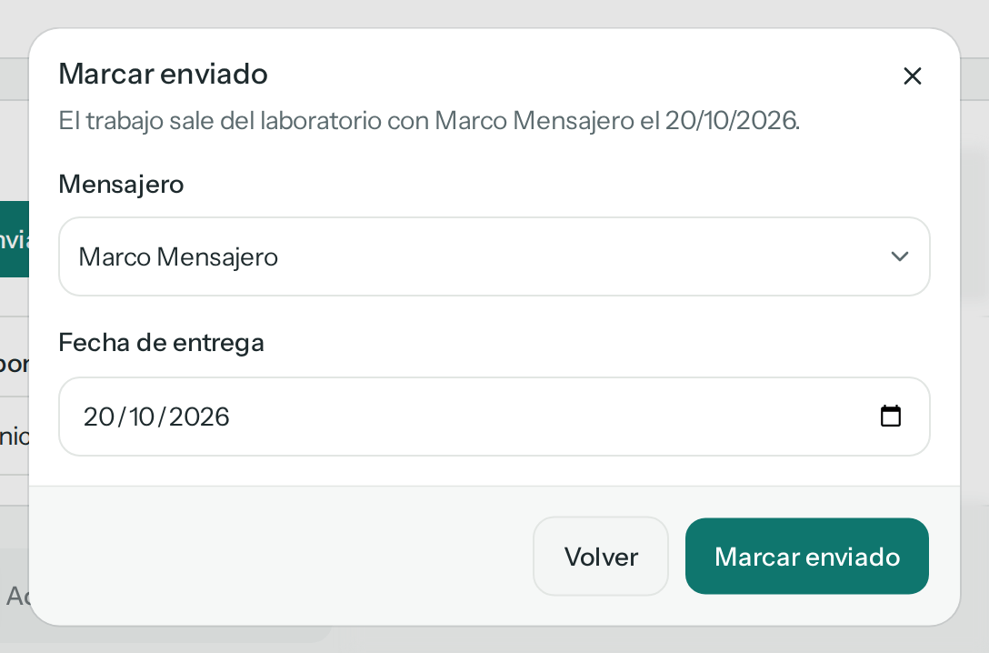 Diálogo Marcar enviado con el mensajero Marco Mensajero, la fecha de entrega y los botones Volver y Marcar enviado