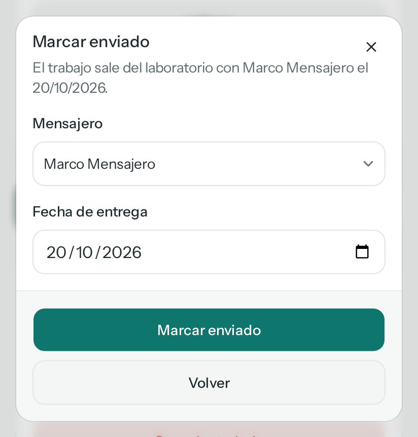Diálogo Marcar enviado con el mensajero Marco Mensajero, la fecha de entrega y los botones Volver y Marcar enviado (en el teléfono)