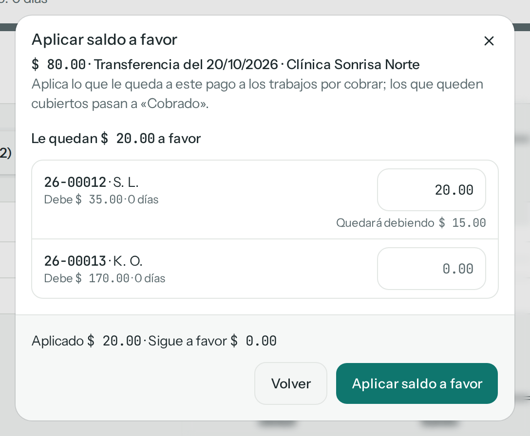 Diálogo Aplicar saldo a favor: al pago de $ 80.00 le quedan $ 20.00, que van a 26-00012, que quedará debiendo $ 15.00