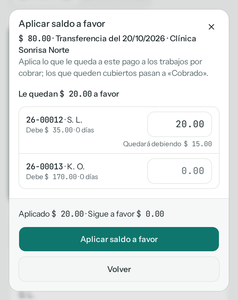 Diálogo Aplicar saldo a favor: al pago de $ 80.00 le quedan $ 20.00, que van a 26-00012, que quedará debiendo $ 15.00 (en el teléfono)