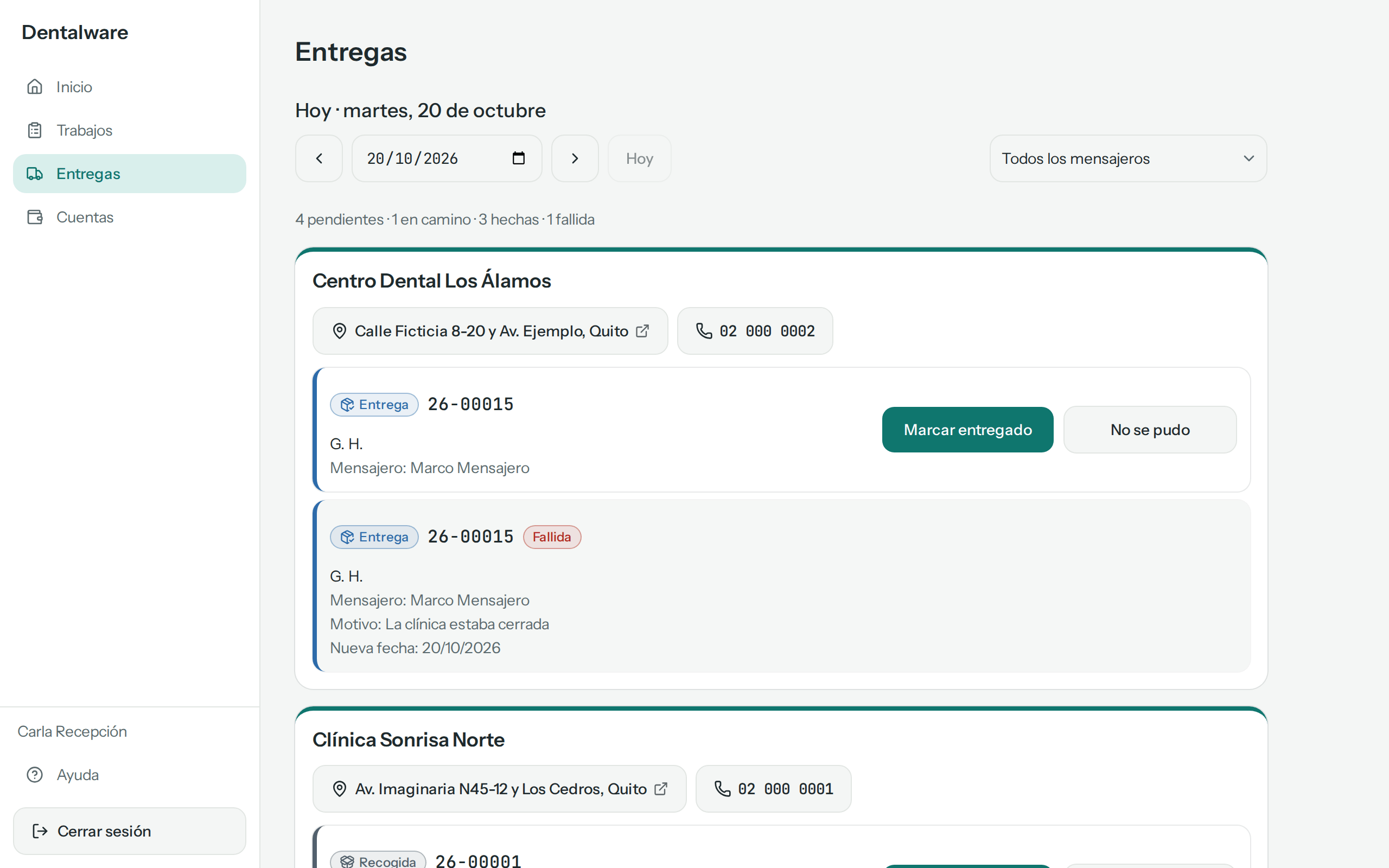 Pantalla Entregas del martes 20 de octubre: resumen del día y la tarjeta de Centro Dental Los Álamos con una entrega pendiente