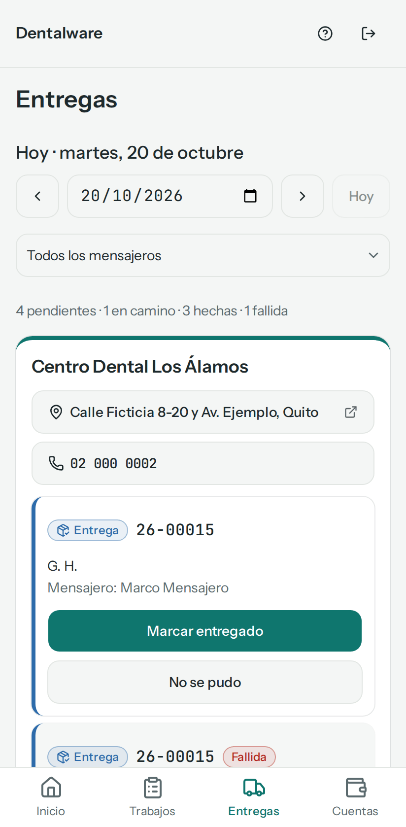 Pantalla Entregas del martes 20 de octubre: resumen del día y la tarjeta de Centro Dental Los Álamos con una entrega pendiente (en el teléfono)