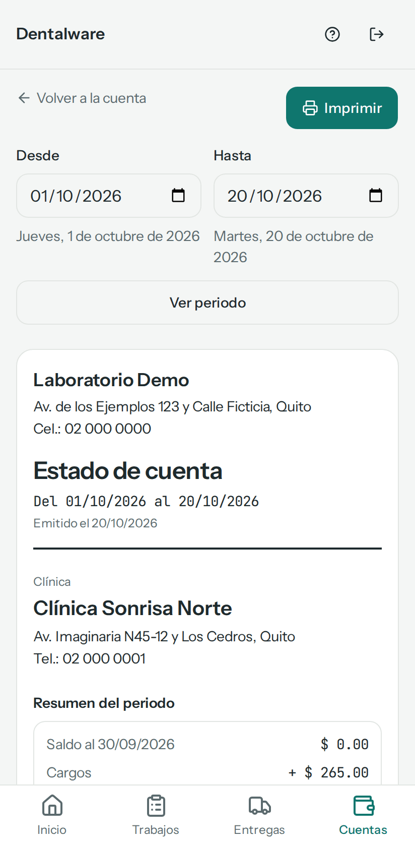 Estado de cuenta de Clínica Sonrisa Norte del 01/10/2026 al 20/10/2026: periodo, botón Imprimir, resumen del periodo y movimientos (en el teléfono)