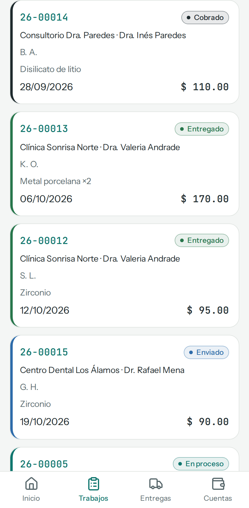 Trabajos de la lista, cada uno con el chip de su estado (en el teléfono)