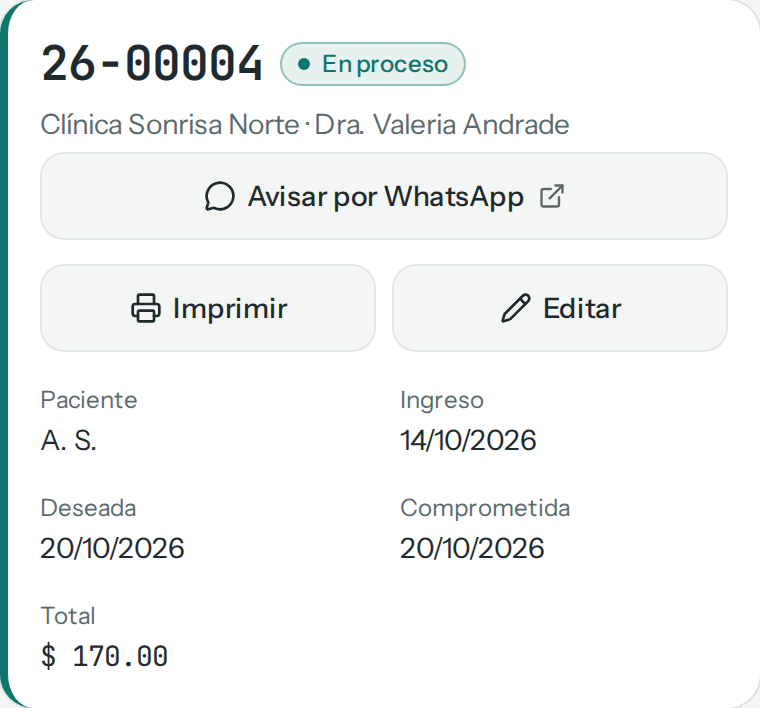 Cabecera de la ficha 26-00004 En proceso, de Clínica Sonrisa Norte, con paciente, fechas y total (en el teléfono)