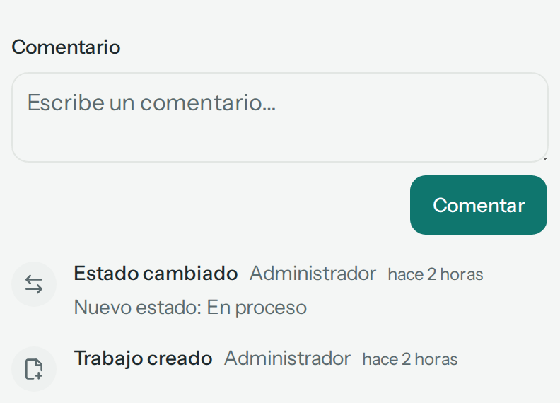 Pestaña Historial: campo Comentario, botón Comentar y los eventos Estado cambiado y Trabajo creado (en el teléfono)