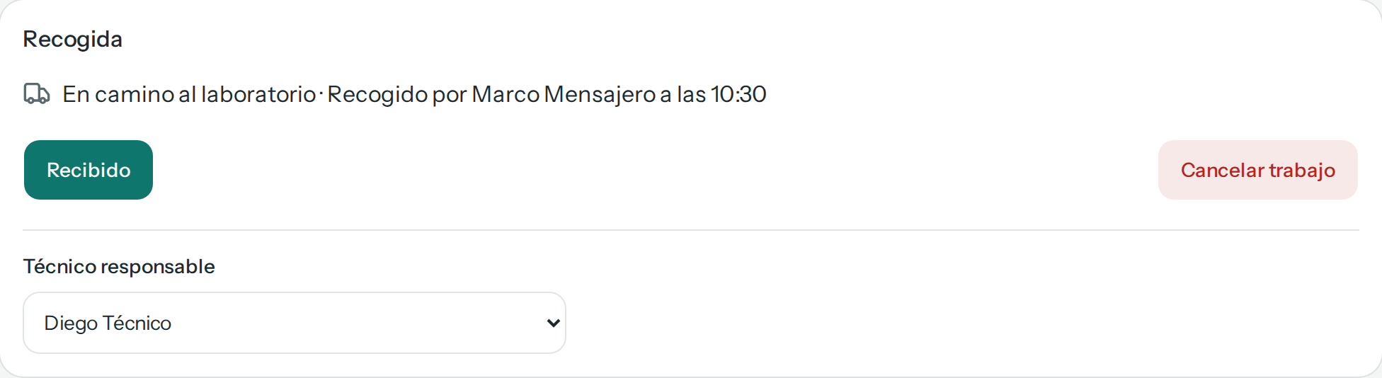 Panel Recogida del trabajo de T. W.: En camino al laboratorio, recogido por Marco Mensajero a las 10:30, con los botones Recibido y Cancelar trabajo