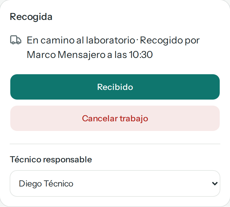 Panel Recogida del trabajo de T. W.: En camino al laboratorio, recogido por Marco Mensajero a las 10:30, con los botones Recibido y Cancelar trabajo (en el teléfono)