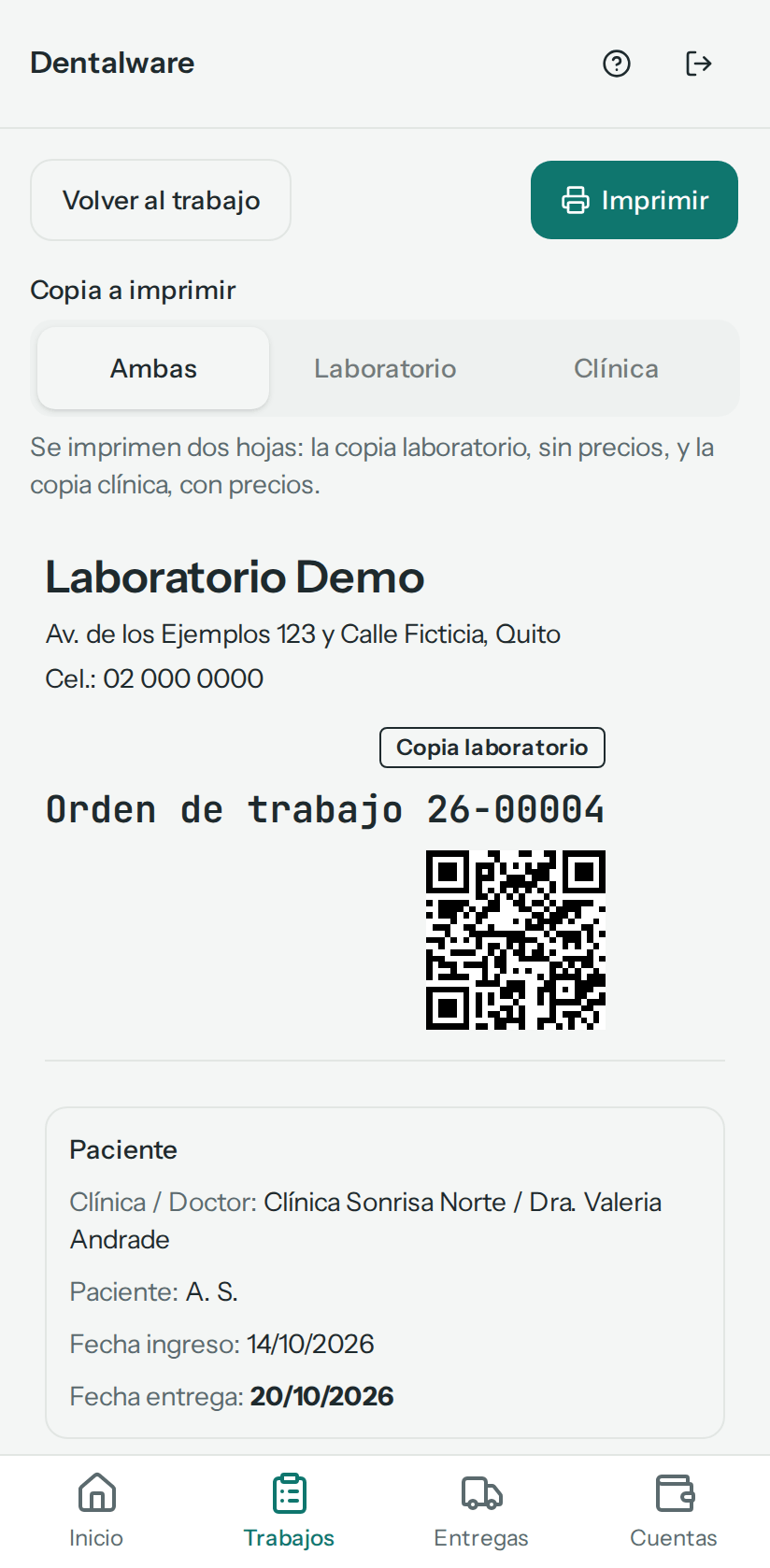 Orden de trabajo 26-00004: los botones Volver al trabajo e Imprimir, la elección de copia y la copia laboratorio con el código QR (en el teléfono)