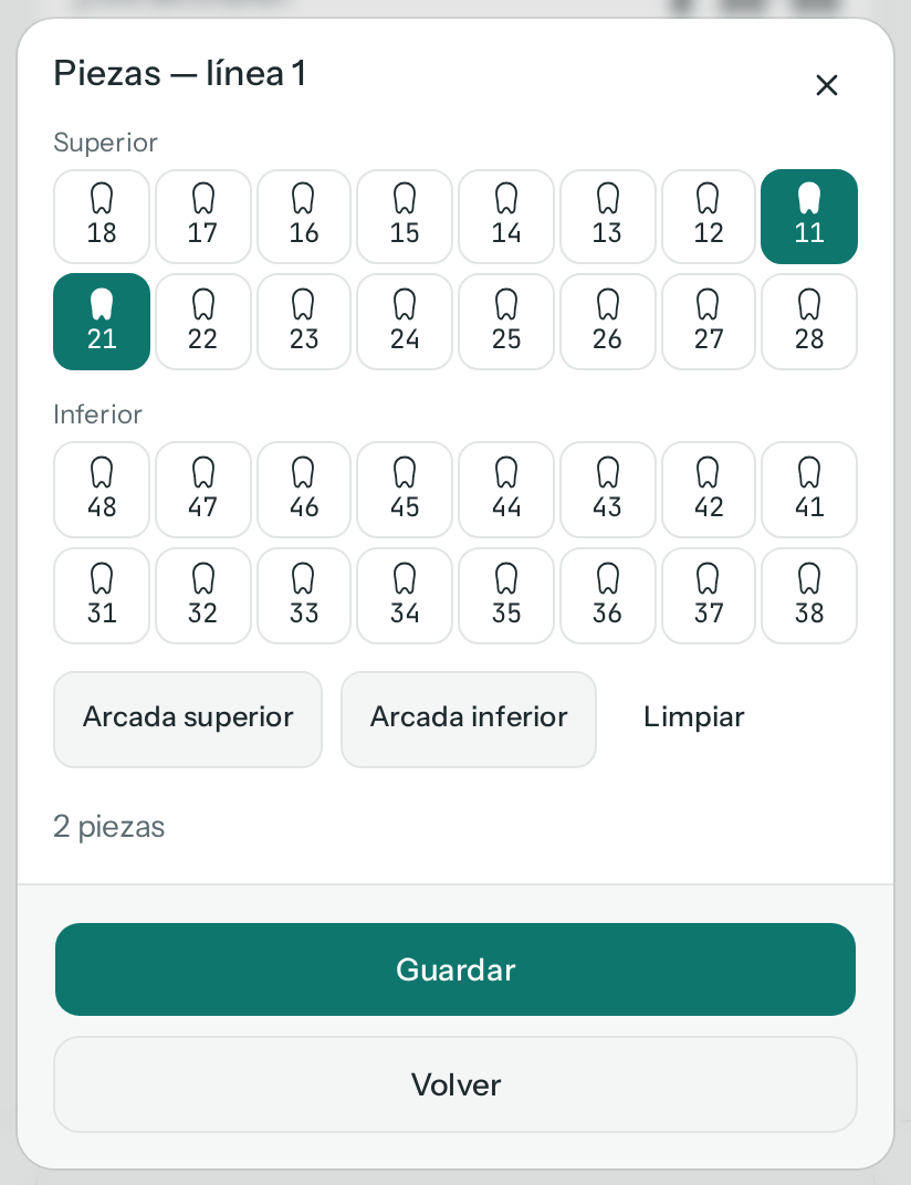 Odontograma de la línea 1 con las piezas 11 y 21 marcadas: 2 piezas (en el teléfono)