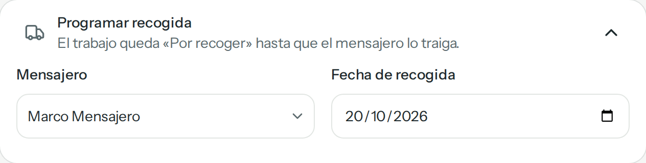 Sección Programar recogida abierta: mensajero Marco Mensajero y fecha de recogida