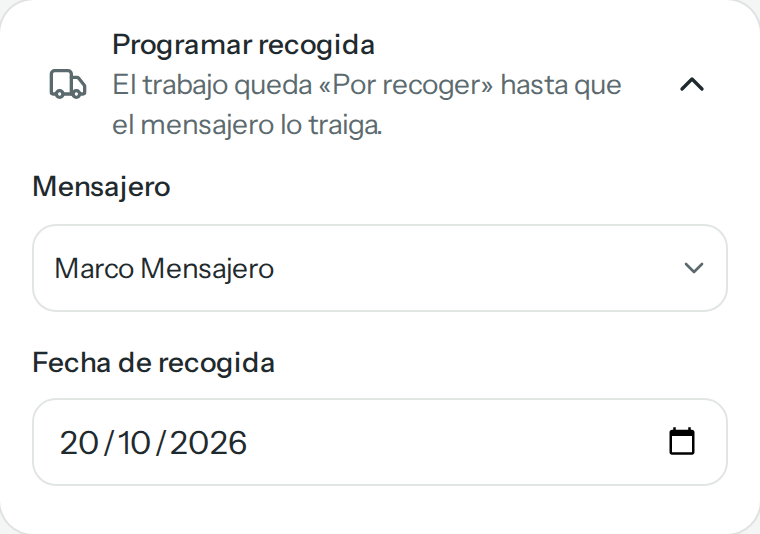 Sección Programar recogida abierta: mensajero Marco Mensajero y fecha de recogida (en el teléfono)