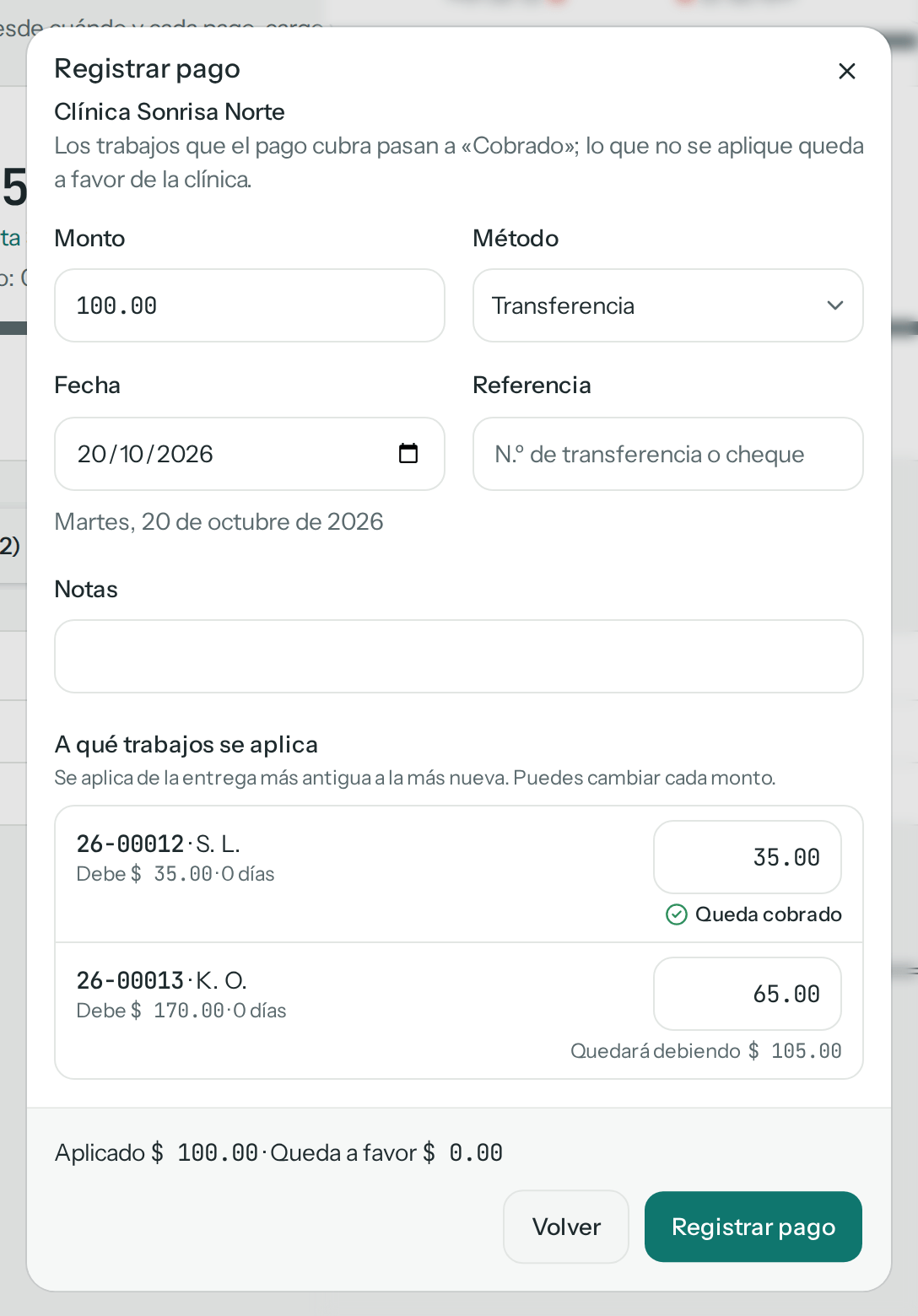 Diálogo Registrar pago de $ 100.00 por transferencia: 26-00012 recibe $ 35.00 y queda cobrado; 26-00013 recibe $ 65.00 y quedará debiendo $ 105.00