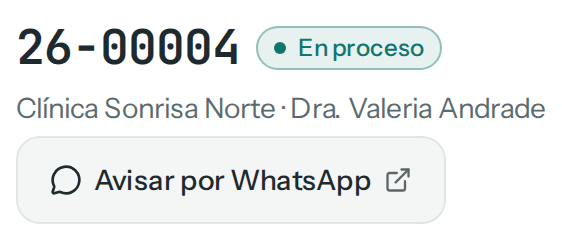 Cabecera del trabajo 26-00004 de Clínica Sonrisa Norte con el botón Avisar por WhatsApp