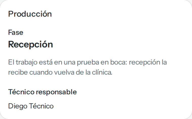 Panel Producción del trabajo de E. G.: fase Recepción, el aviso de que el trabajo está en una prueba en boca y recepción la recibe cuando vuelva de la clínica, y el técnico responsable Diego Técnico (en el teléfono)