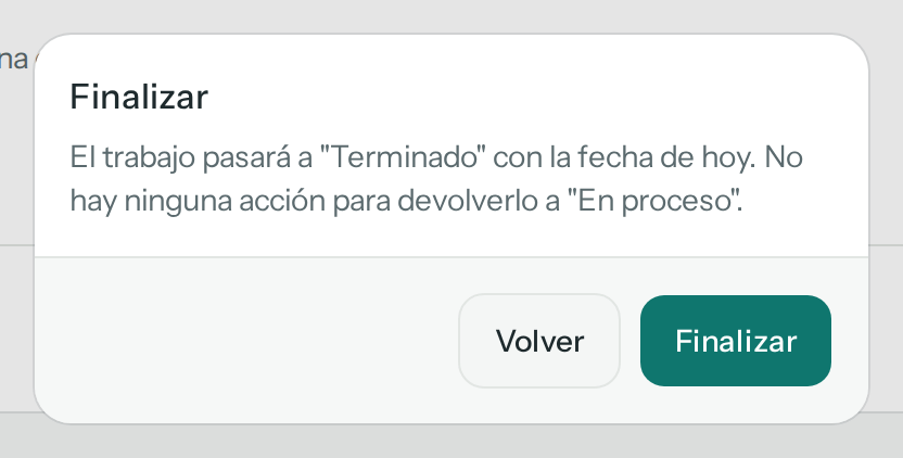 Confirmación Finalizar: el trabajo pasará a Terminado con la fecha de hoy y no hay ninguna acción para devolverlo a En proceso; botones Finalizar y Volver