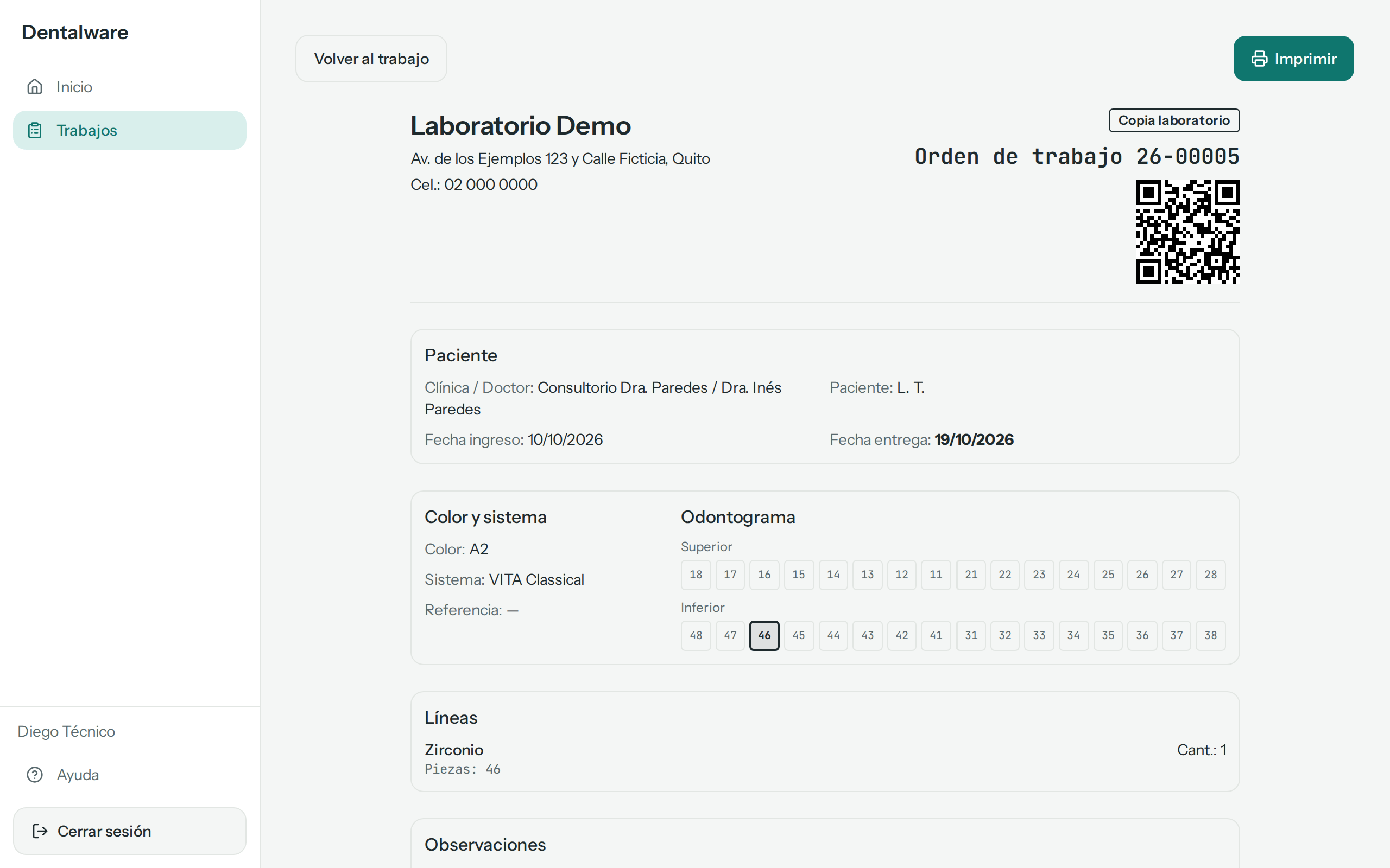 Orden de trabajo 26-00005 de L. T., Copia laboratorio: Laboratorio Demo, código QR, paciente, fechas, color, odontograma con la pieza 46 marcada y líneas, sin precios
