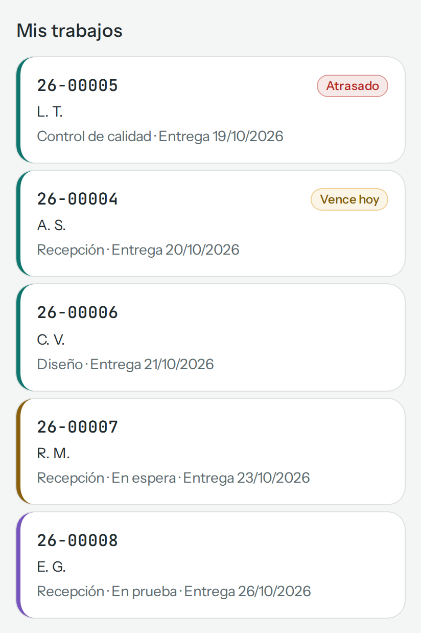Mis trabajos de Diego Técnico: 26-00005 de L. T., atrasado y en Control de calidad; 26-00004 de A. S., que vence hoy; 26-00006 de C. V. en Diseño; 26-00007 de R. M. en espera y 26-00008 de E. G. en prueba (en el teléfono)