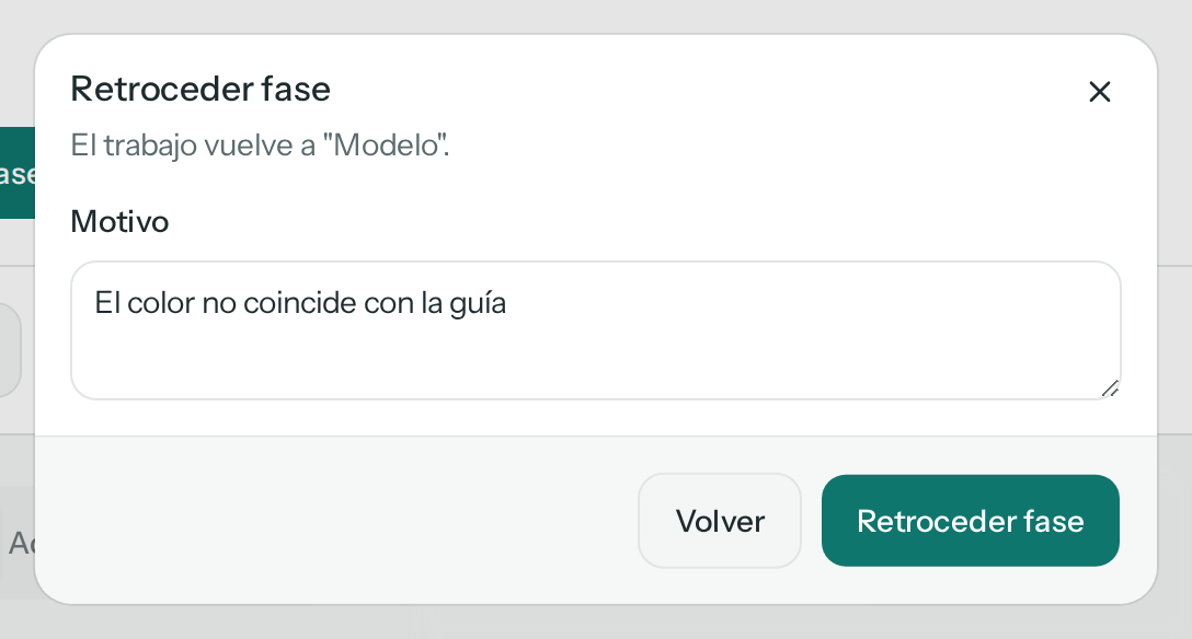 Diálogo Retroceder fase: el trabajo vuelve a Modelo, con el motivo escrito «El color no coincide con la guía», y los botones Retroceder fase y Volver